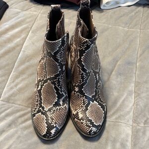 Blondo Snakeskin-Print Chelsea Ankle Boots in Taupe and Black